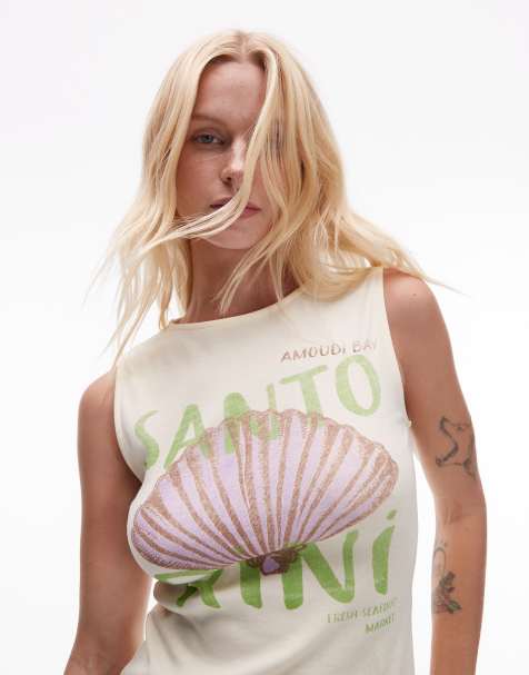 Topshop graphic Santorini tank in buttermilk