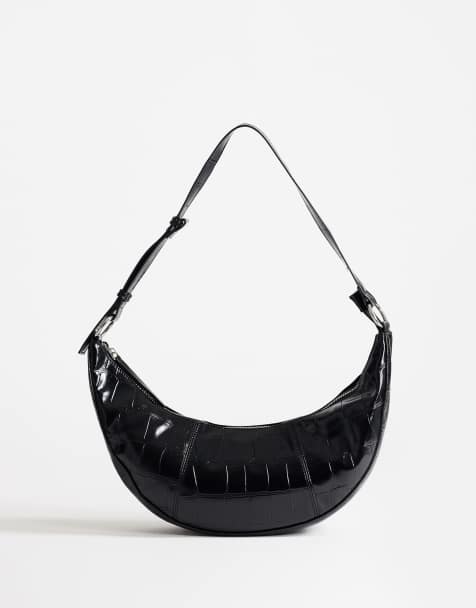 Topshop Jasper medium scoop croc cross body bag in black - view 1