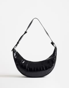 Jasper medium scoop croc cross body bag in black
