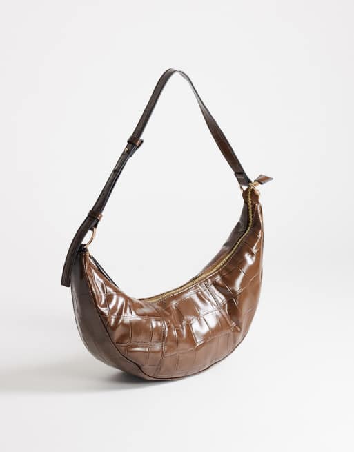 Topshop Jasper scoop croc cross body bag in chocolate, 3 of 4