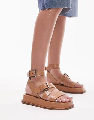 Topshop - Jax - Flache Ledersandalen in Camel mit Schnalle und dicker Sohle-Brown