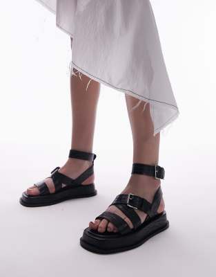 Topshop Jax Leather Chunky Flat Sandals With Buckle In Black