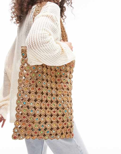 Topshop - Jay - Cabas crocheté orné de perles - Multicolore