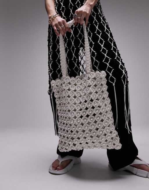 Topshop – Jay – Gehäkelte Shopper-Tasche in Weiß mit buntem Perlenbesatz, 2 von 4