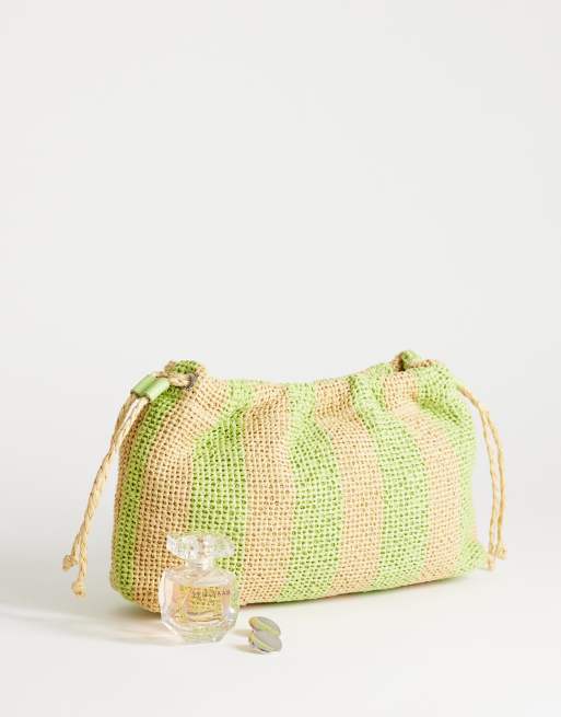 Topshop Jay medium stripe straw clutch bag in lime & neutral, 2 of 4