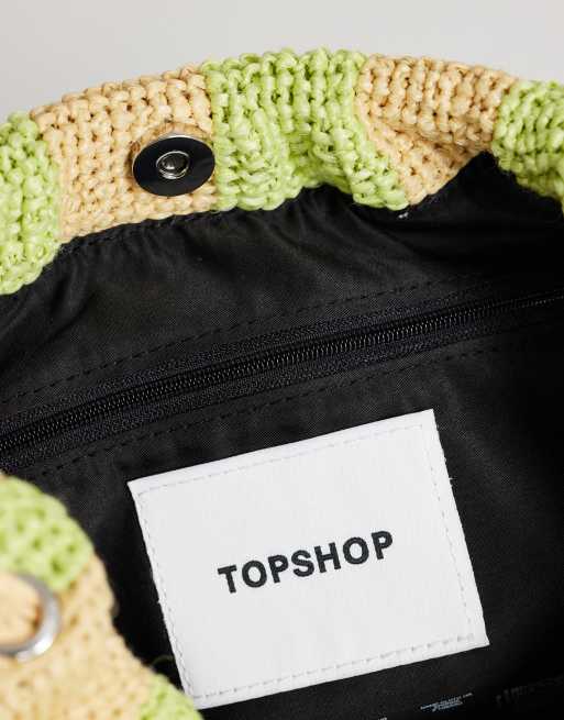 Topshop Jay medium stripe straw clutch bag in lime & neutral, 3 of 4