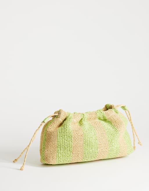 Topshop Jay medium stripe straw clutch bag in lime & neutral, 4 of 4