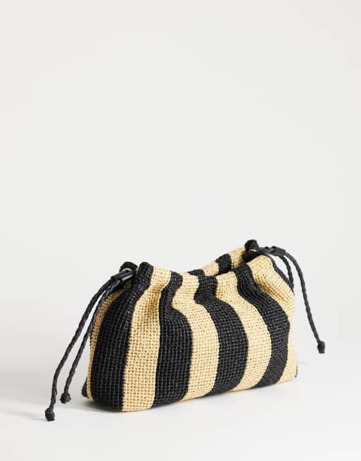 Topshop - Jay - Mellemstor clutch-taske i strå med sorte/naturfarvede striber