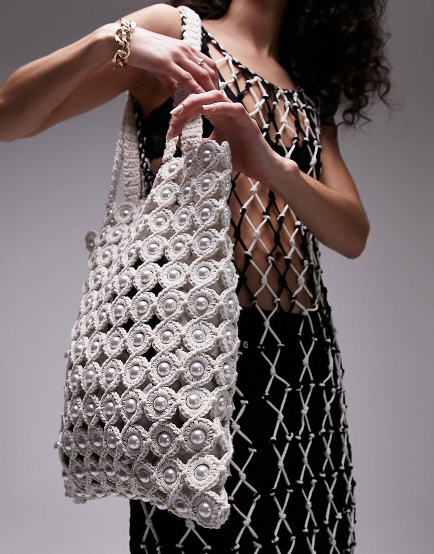 Topshop Jay multi beaded crochet shopper bag in white
