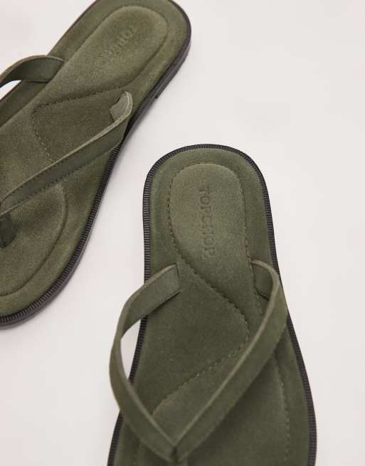 Topshop Jay real suede toe thong flat sandals in khaki