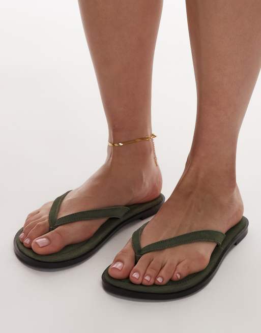 Topshop Jay real suede toe thong flat sandals in khaki