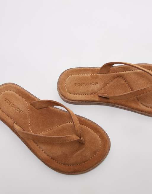 Topshop Jay real suede toe thong flat sandals in tan