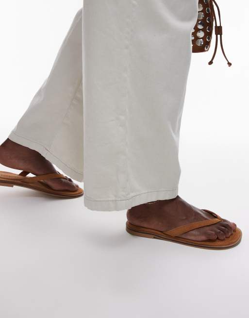 Topshop Jay real suede toe thong flat sandals in tan