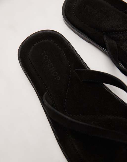 Topshop Jay real suede toe thong flat sandals in black