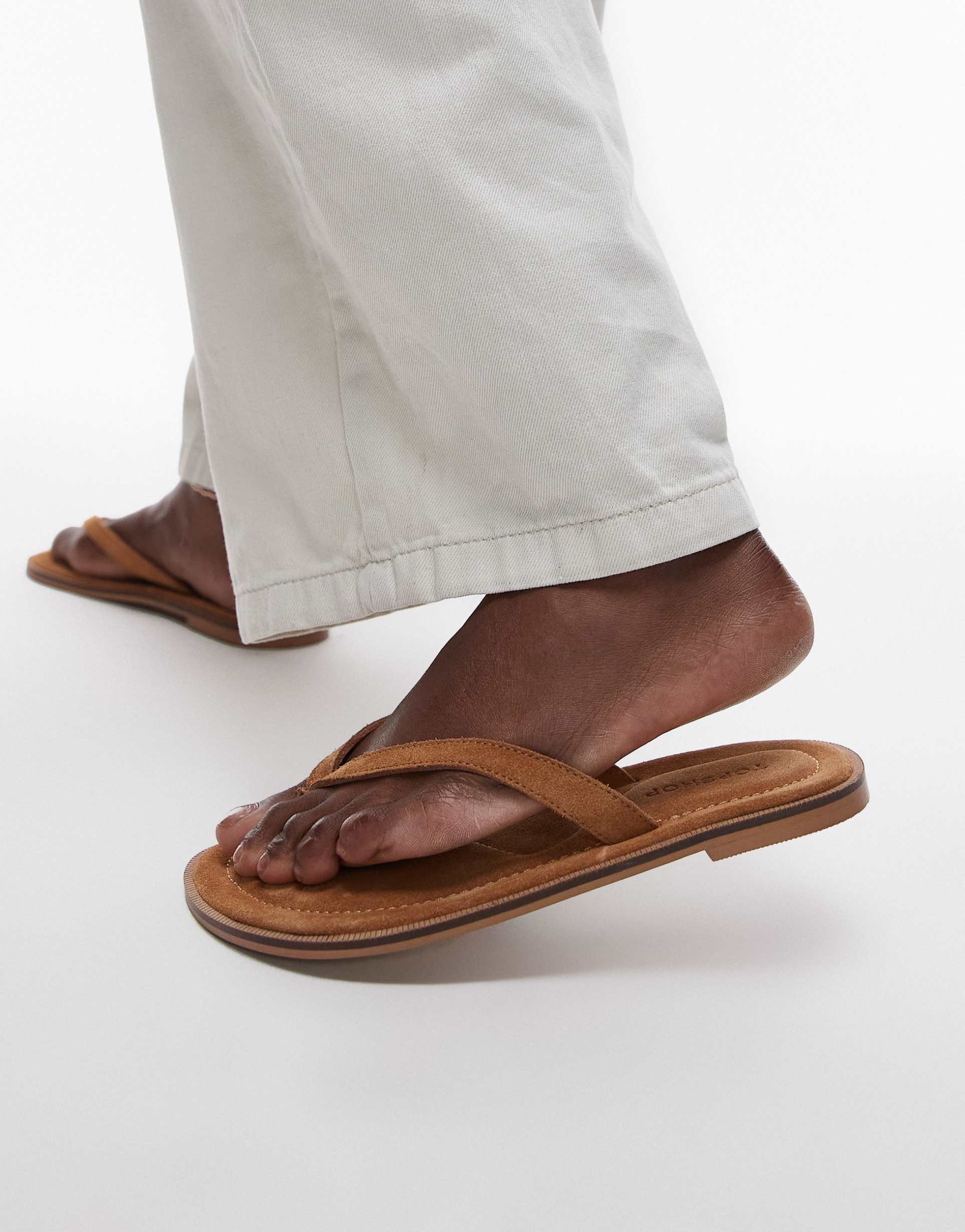 topshop jay real suede toe thong flat sandals in tan