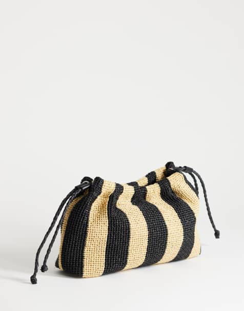 Topshop Jay stripe straw clutch bag in black & natural - view 1