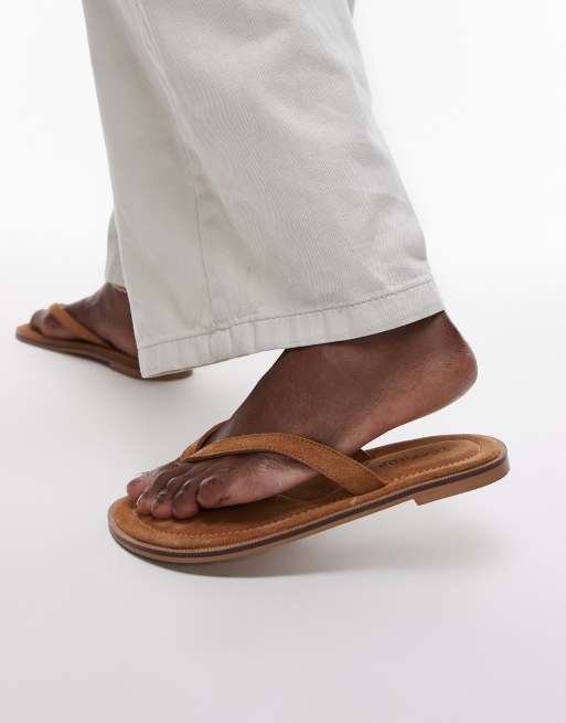 Topshop Jay suede toe thong flat sandals in tan