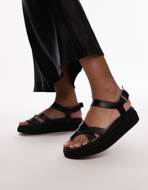Topshop Jaya premium leather toe loop strappy sandals in black