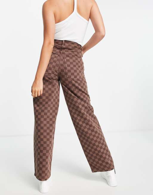 Topshop - Jean baggy taille haute à motif damier - Marron, 2 de 4