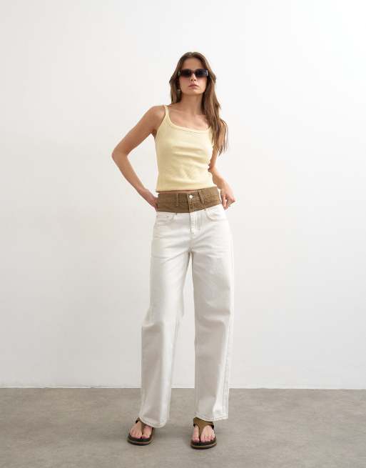 Topshop - Jean bicolore ample à taille mi-haute - Marron/écru