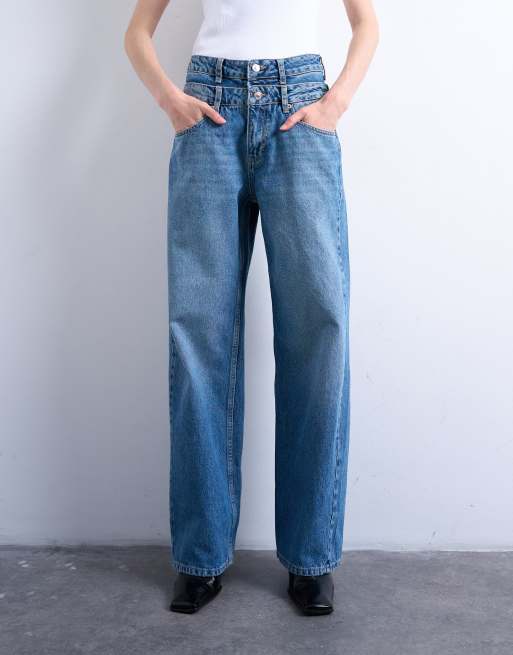 Topshop - Jean droit avec double ceinture de taille - Noir délavé