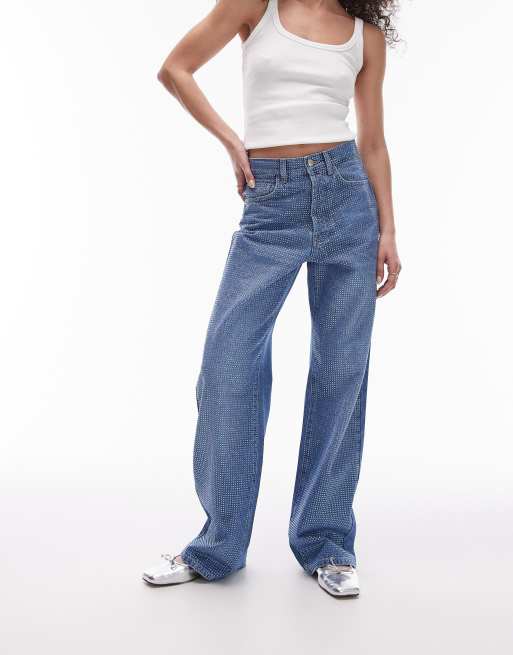 Topshop - Jean large ornementé à taille mi-haute - Bleu vif