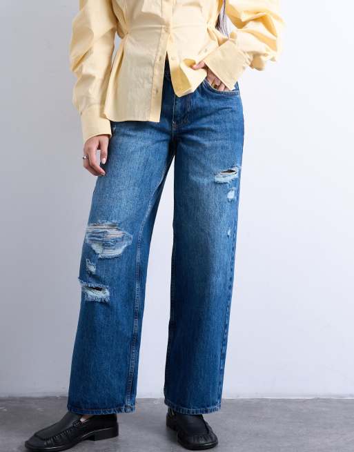 Topshop - Jean taille mi-haute cintrée déchiré aux genoux - Bleu moyen, 2 de 5
