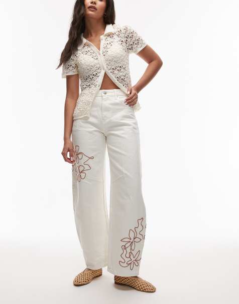 Topshop - Jeans a cilindro écru con ricami rossi - view 1