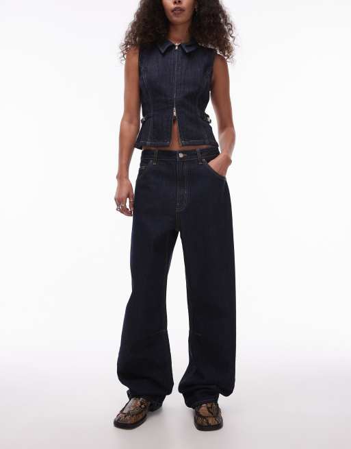 Topshop - Jeans a cilindro lavaggio blu indaco a vita medio alta