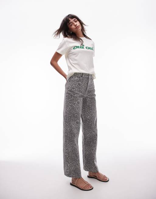 Topshop - Jeans a colonna con stampa leopardata a vita medio alta