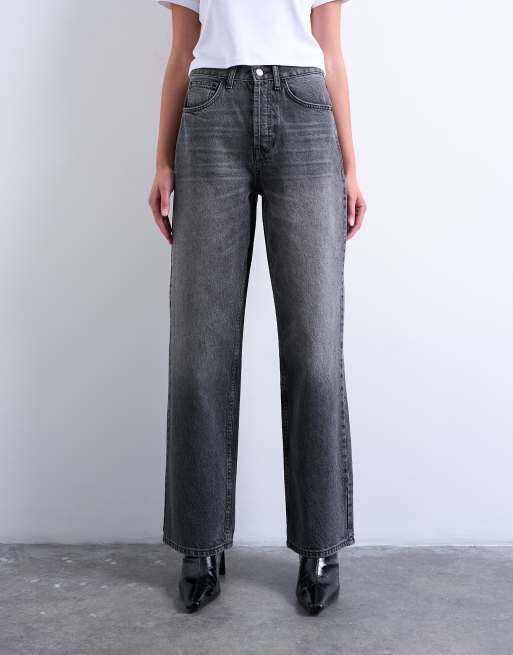 Topshop - Jeans a colonna vestibilità comoda a vita bassa color nero slavato