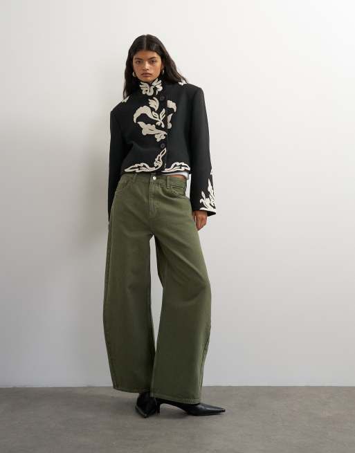 Topshop jeans baggy a vita medio alta Arc color kaki, 1 di 5