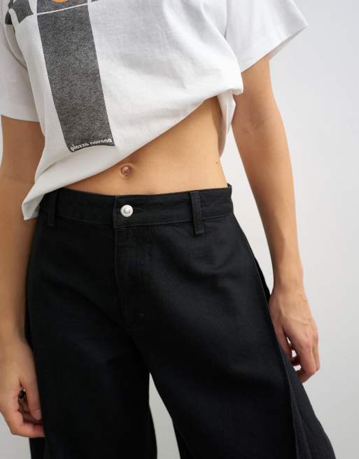 Topshop jeans balloon a vita medio alta con piega laterale, nero, 2 di 10