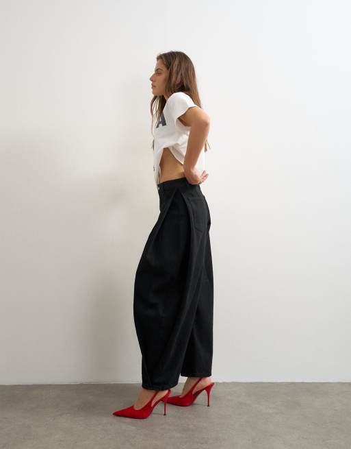 Topshop jeans balloon a vita medio alta con piega laterale, nero, 4 di 10