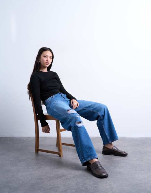 Topshop - Jeans bombati blu medio con strappi sulla coscia