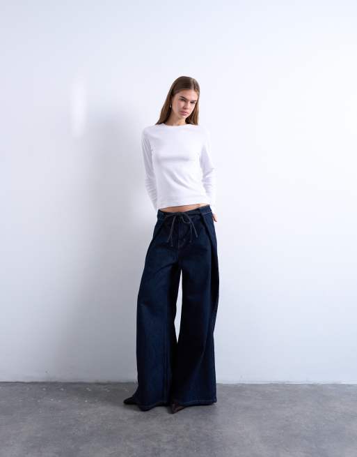 Topshop - Jeans color indaco con pieghe ampie e lacci sul davanti