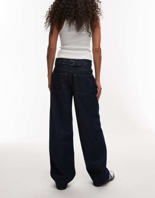 Topshop - Jeans comodi a vita bassa blu indaco grezzo con cinturino, 3 di 5