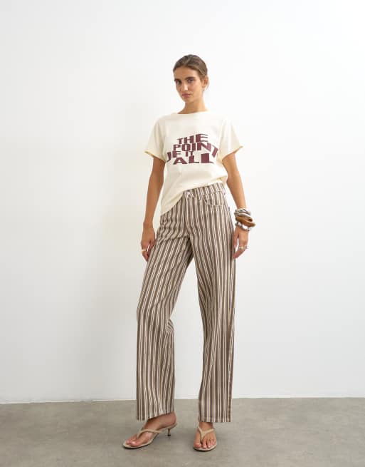 Topshop - Jeans comodi a vita bassa color tabacco e cobalto a righe