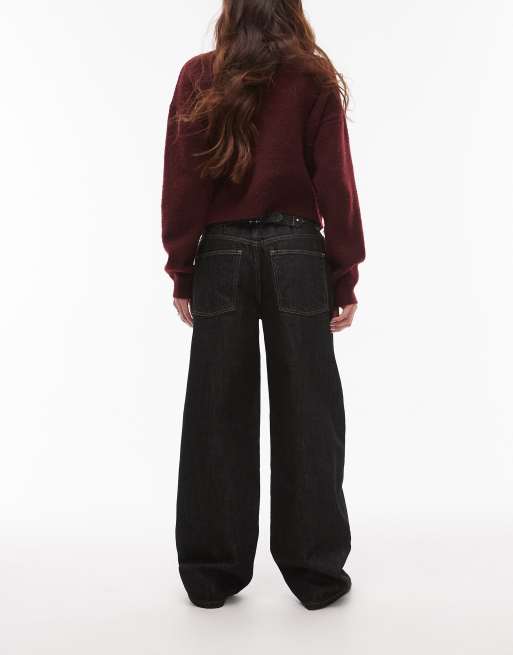 Topshop - Jeans comodi a vita bassa lavaggio nero con cinturino, 2 di 5