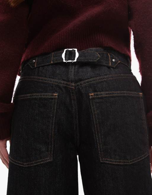 Topshop - Jeans comodi a vita bassa lavaggio nero con cinturino, 4 di 5