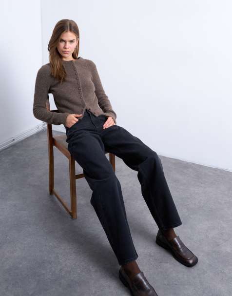 Topshop - Jeans comodi a vita bassa nero slavato con dettaglio raccolto - view 1