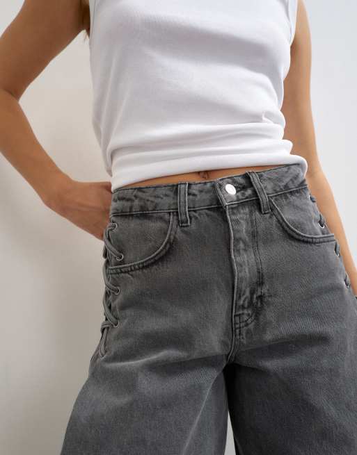 Topshop jeans con lacci a vita media grigi, 5 di 5