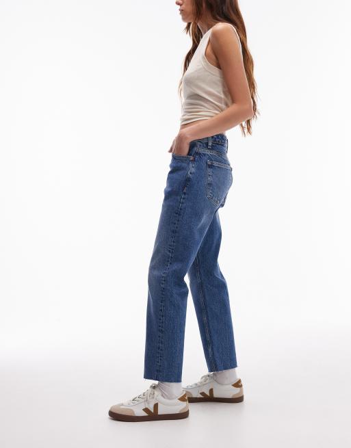 Topshop - Jeans dritti alla caviglia blu medio con orlo grezzo e vita media  , 2 di 5