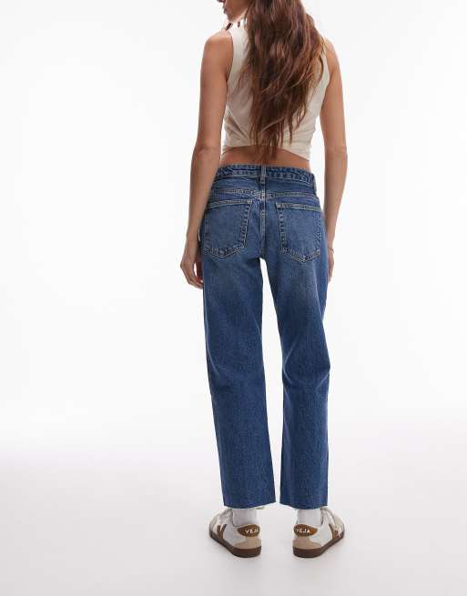Topshop - Jeans dritti alla caviglia blu medio con orlo grezzo e vita media  , 3 di 5