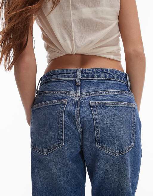 Topshop - Jeans dritti alla caviglia blu medio con orlo grezzo e vita media  , 4 di 5