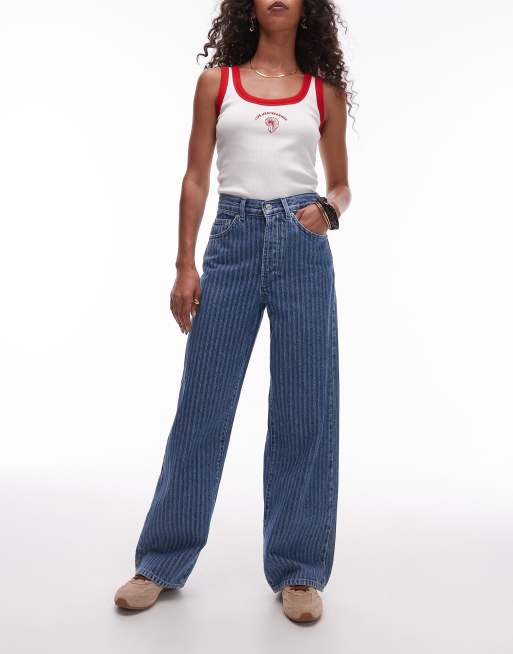 Topshop - Jeans dritti ampi a vita medio alta blu medio a righe