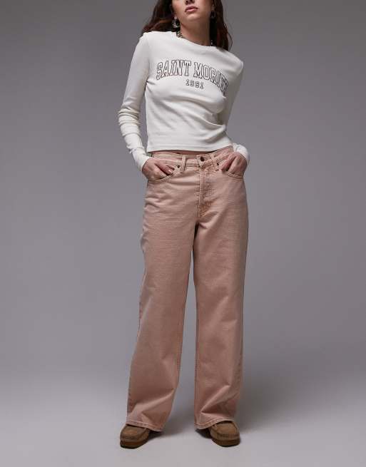 Topshop - Jeans dritti ampi a vita medio alta color cipria