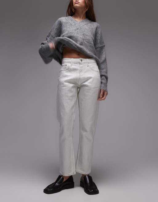 Topshop - Jeans dritti taglio corto a vita medio alta bianchi laminati argento