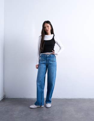 Topshop - Jeans in Mittelblau mit mittelhohem Bund und Passe vorne
