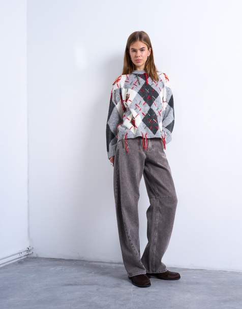 Topshop – Jeans in Ottergrau mit mittelhohem Bund und Ziernaht und weitem, abgerundetem Bein - view 1